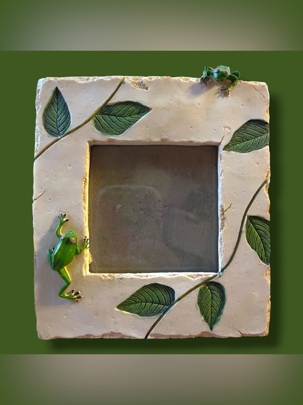 Tree Frogs & Leafy Vines On A Rustic Looking Resin Tile Square Picture Frame